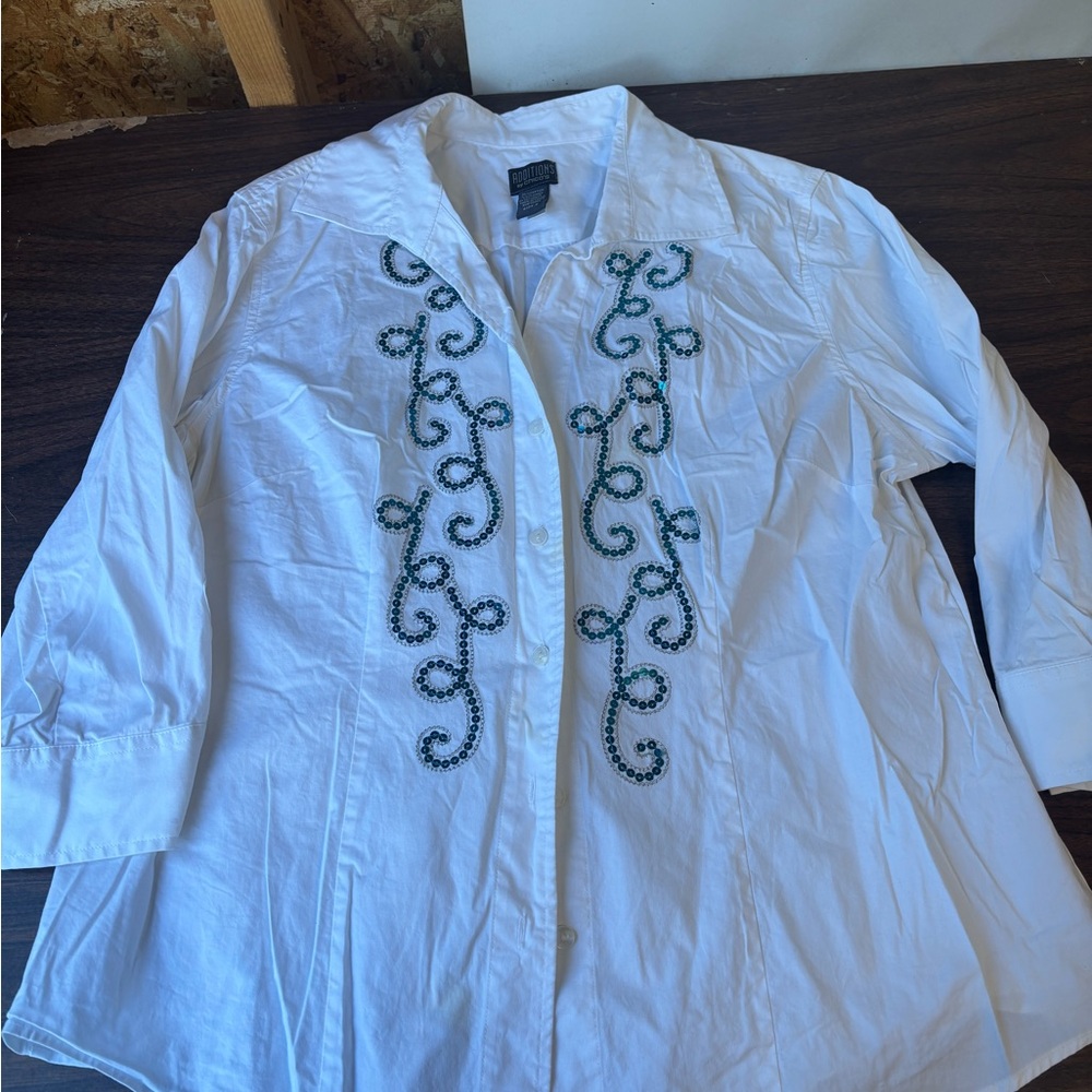 Chico's Classic White Shirt With Teal/blue Sequin Detail
